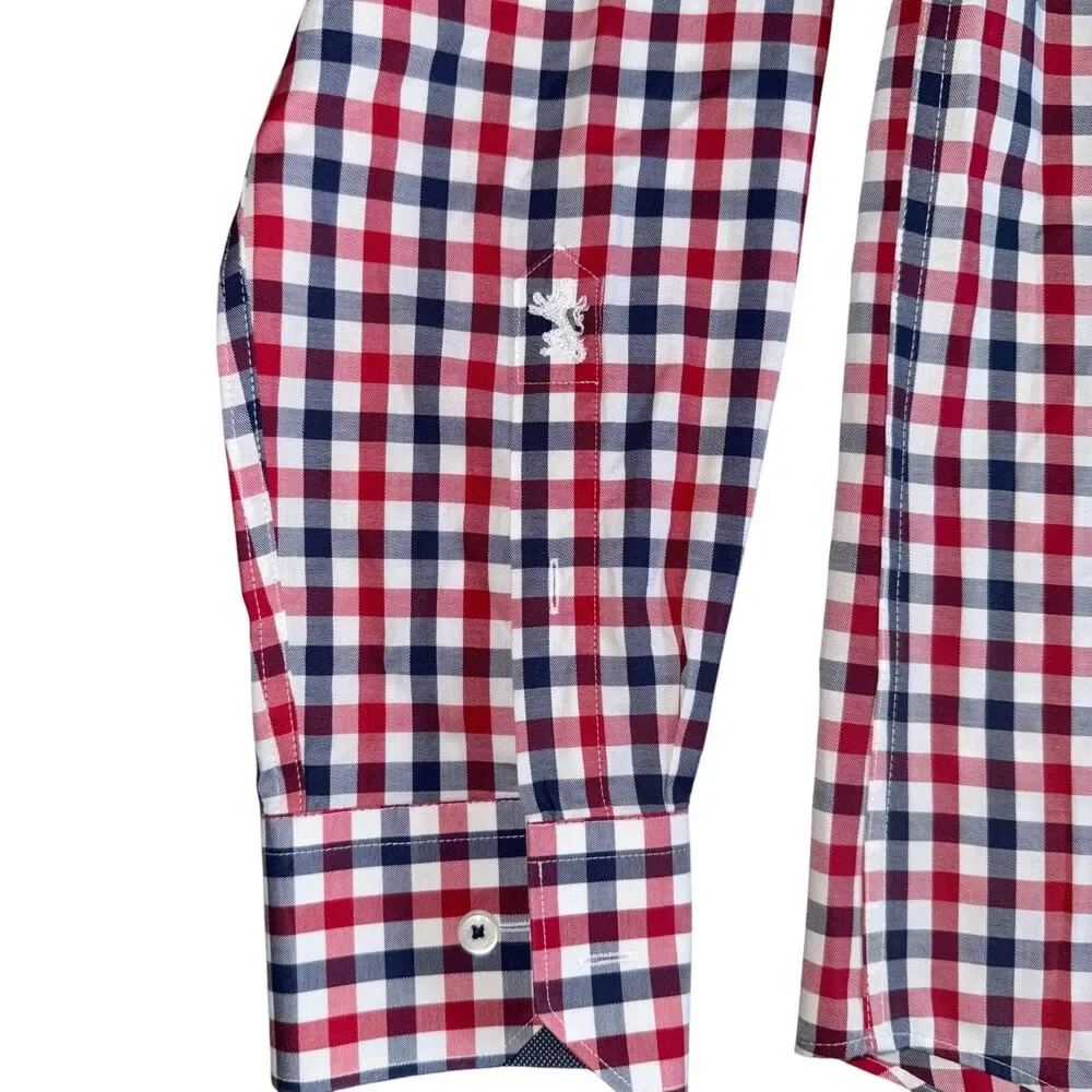 Bugatchi Uomo Long Sleeve Button Down - Red & Navy Check - 15 1/2 34/35 (Medium)